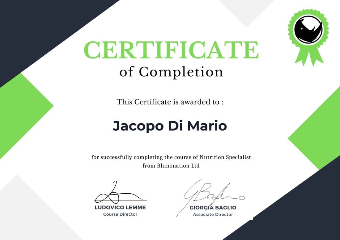 Certificato Nutrition Specialist rilasciato a Jacopo Di Mario