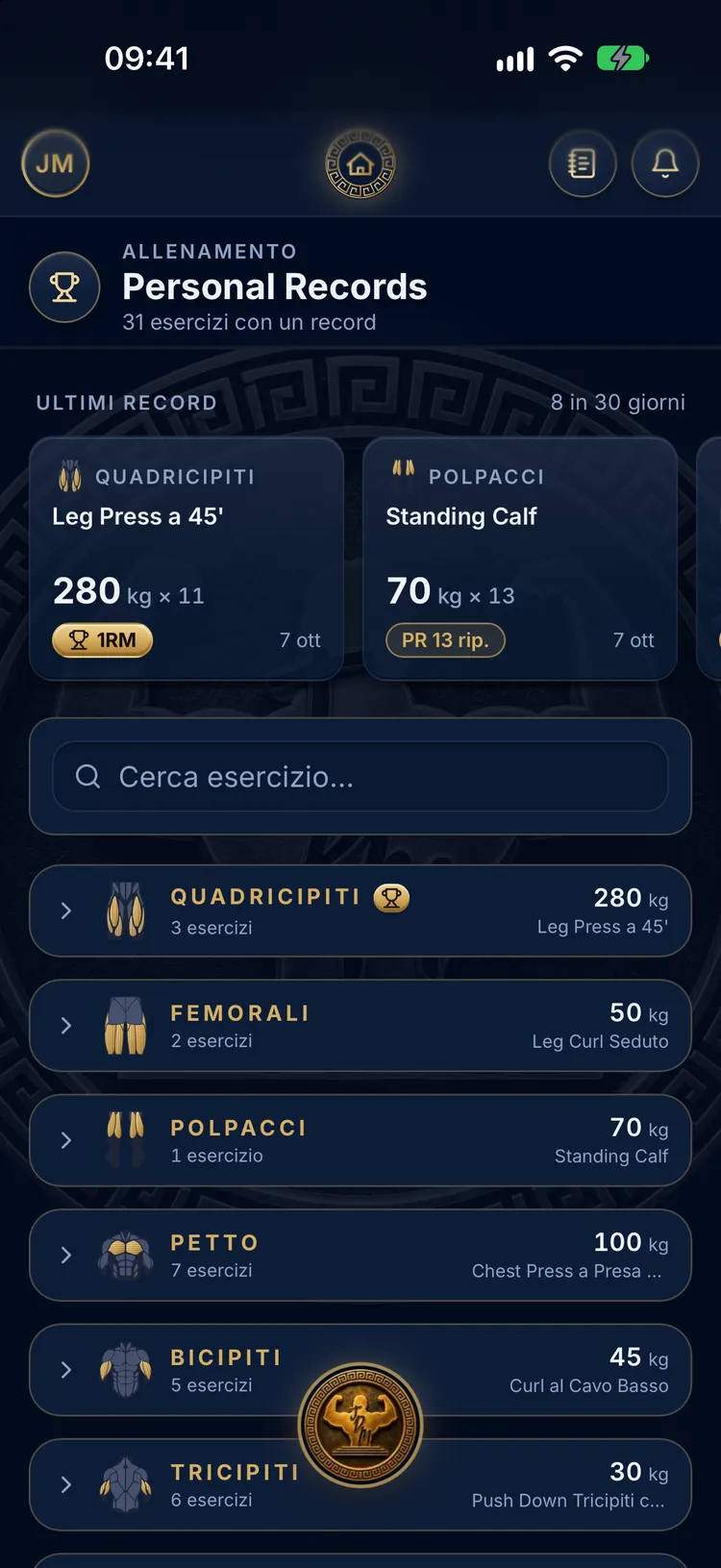 Personal record recenti e massimali per gruppo muscolare